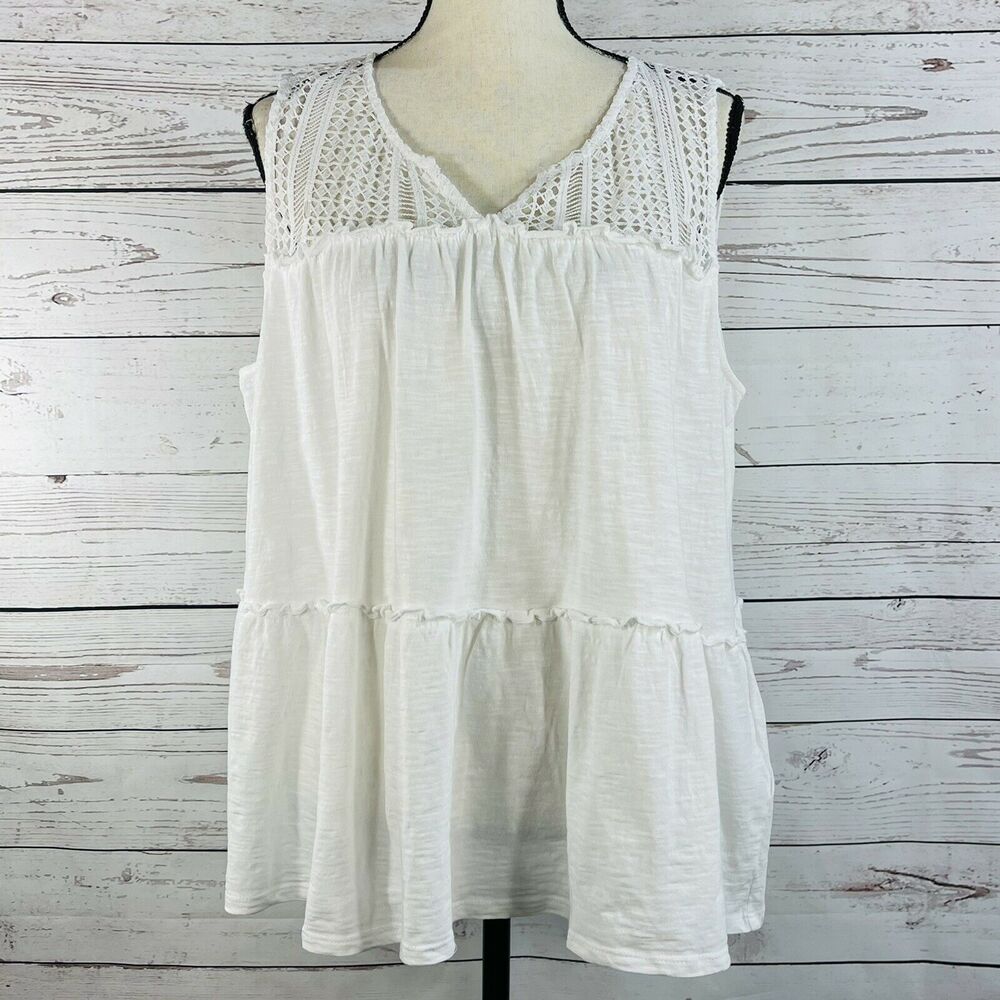 Style & Co Large Top Sleeveless Crochet Open-Knit V-Neck Tiered Stretch White